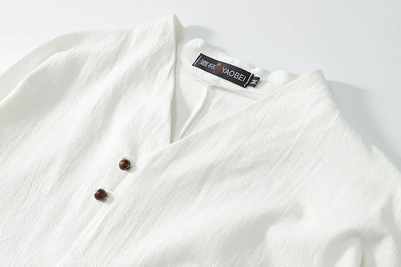 OVERSIZED LINEN COTTON V-NECK SHIRT
