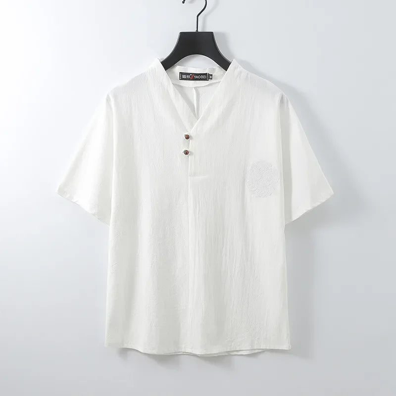 OVERSIZED LINEN COTTON V-NECK SHIRT