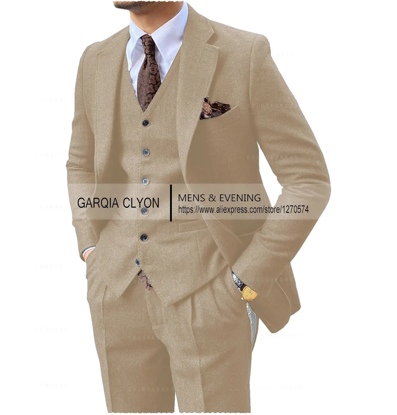 3-PIECE TWEED HERRINGBONE SUIT SET
