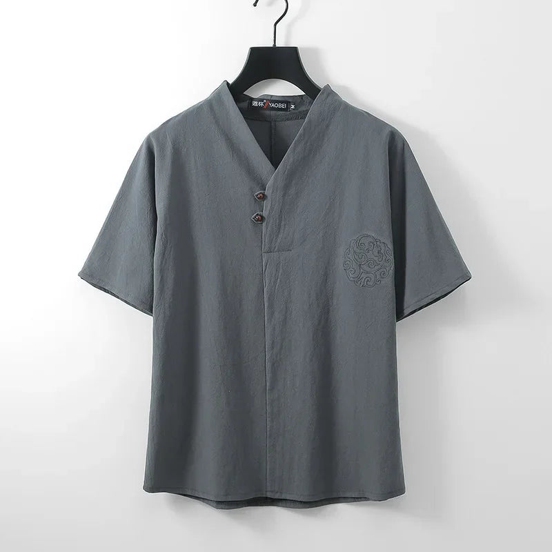 OVERSIZED LINEN COTTON V-NECK SHIRT