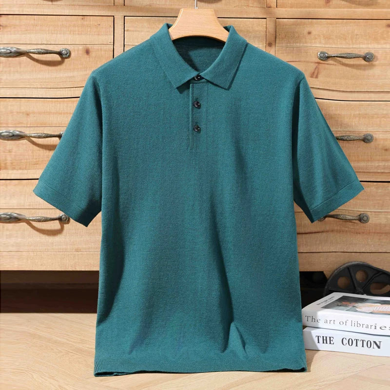 100% PURE WOOL SHORT-SLEEVE POLO SWEATER