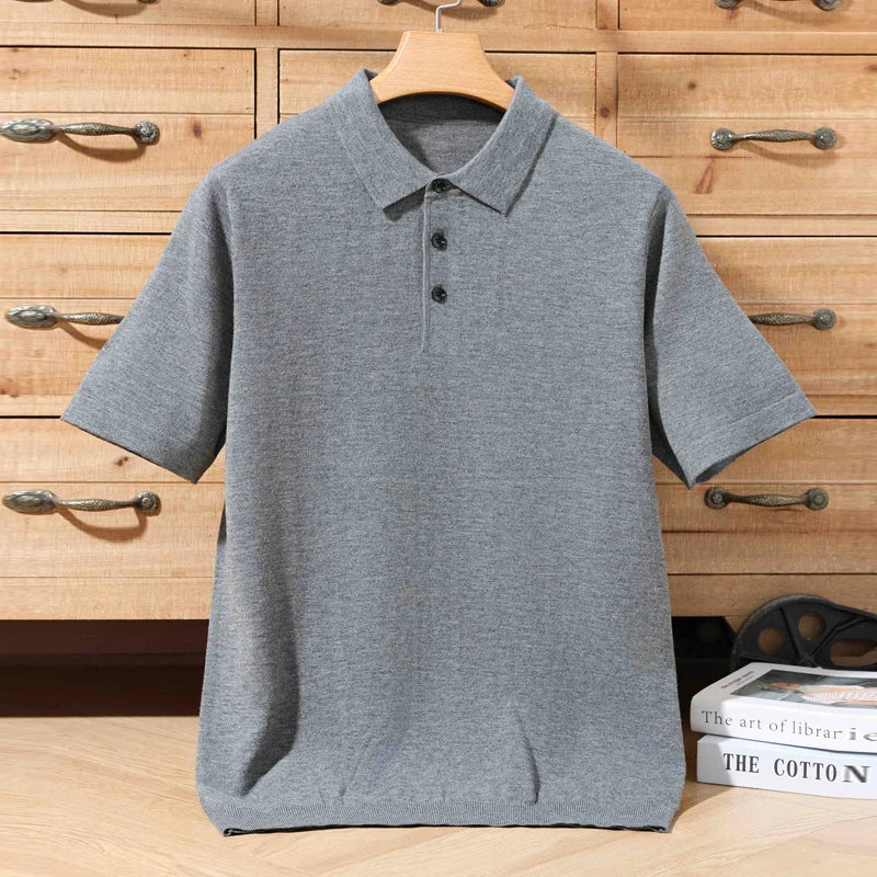 100% PURE WOOL SHORT-SLEEVE POLO SWEATER