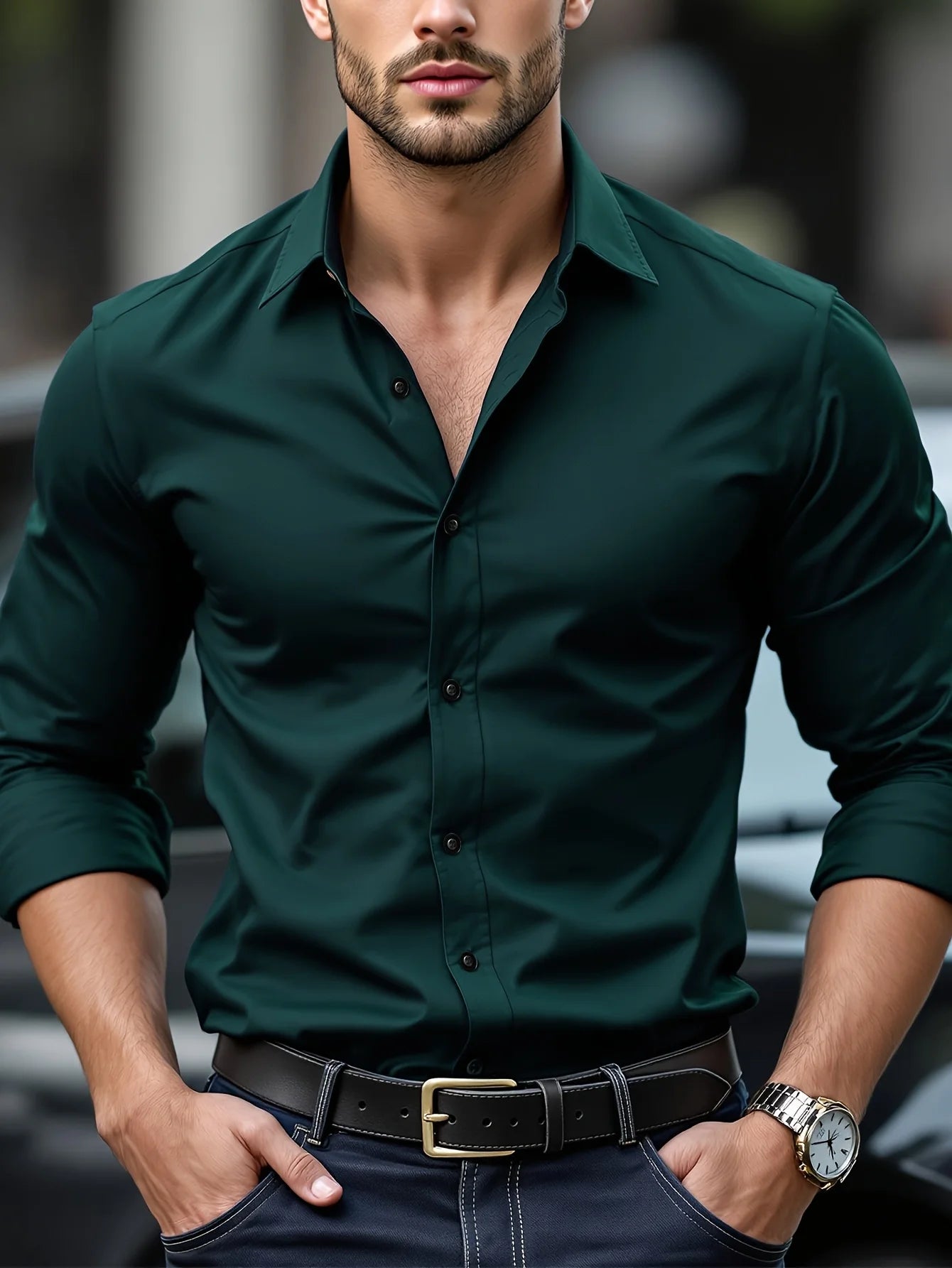 ELASTIC LONG-SLEEVE WHITE DRESS SHIRT
