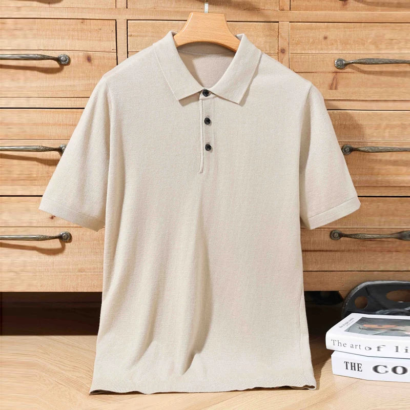 100% PURE WOOL SHORT-SLEEVE POLO SWEATER