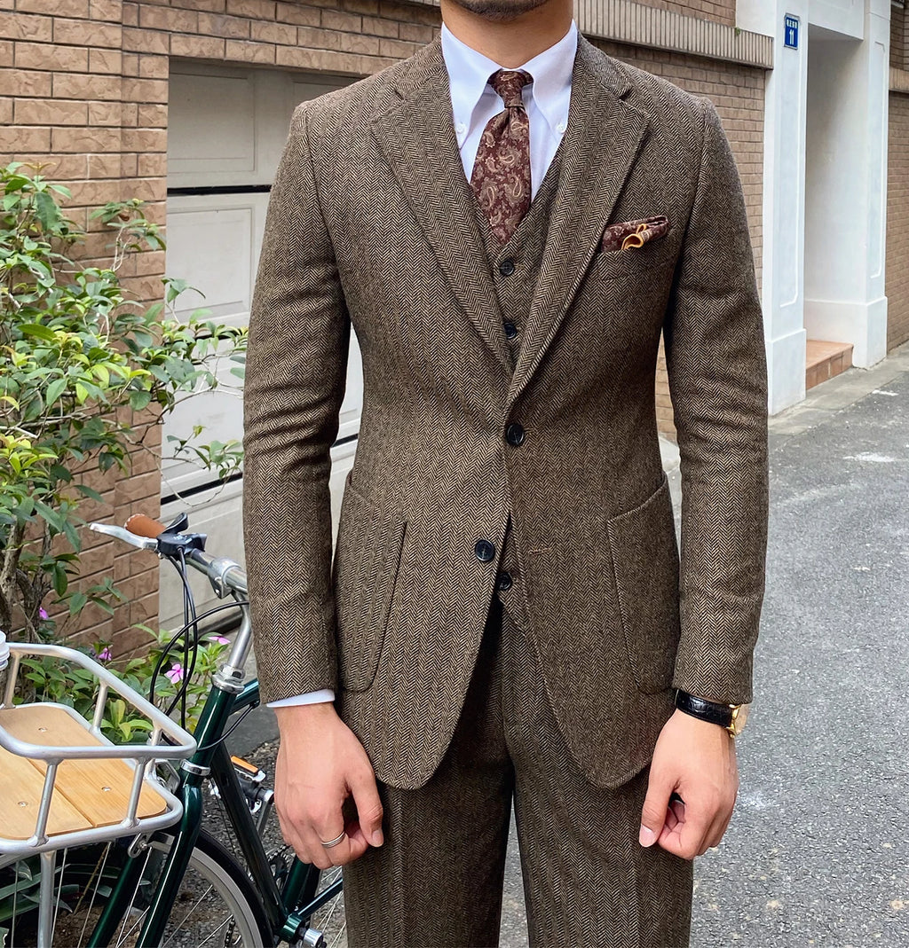 3-PIECE TWEED HERRINGBONE SUIT SET