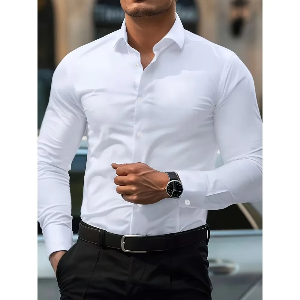 ELASTIC LONG-SLEEVE WHITE DRESS SHIRT