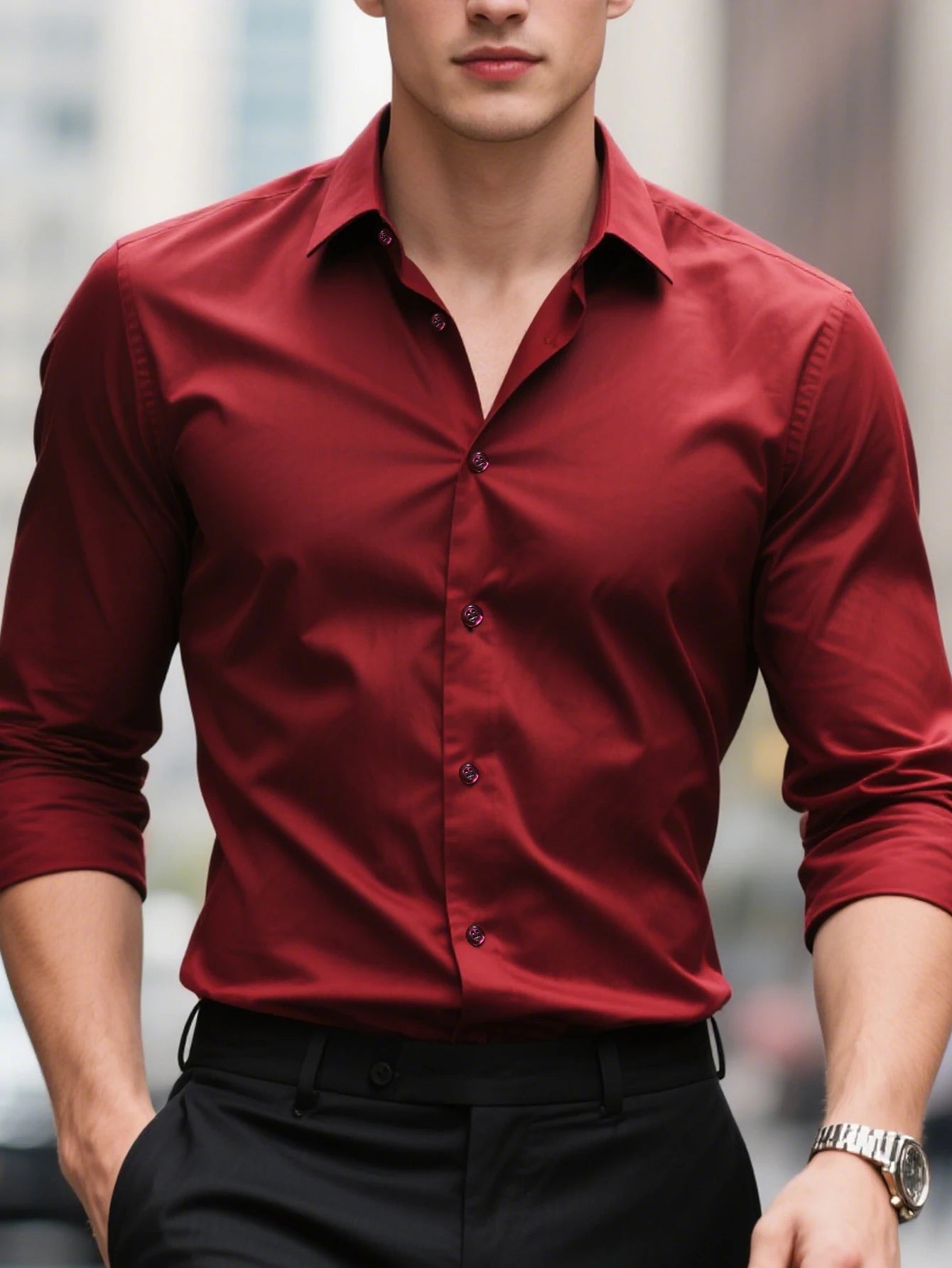 ELASTIC LONG-SLEEVE WHITE DRESS SHIRT