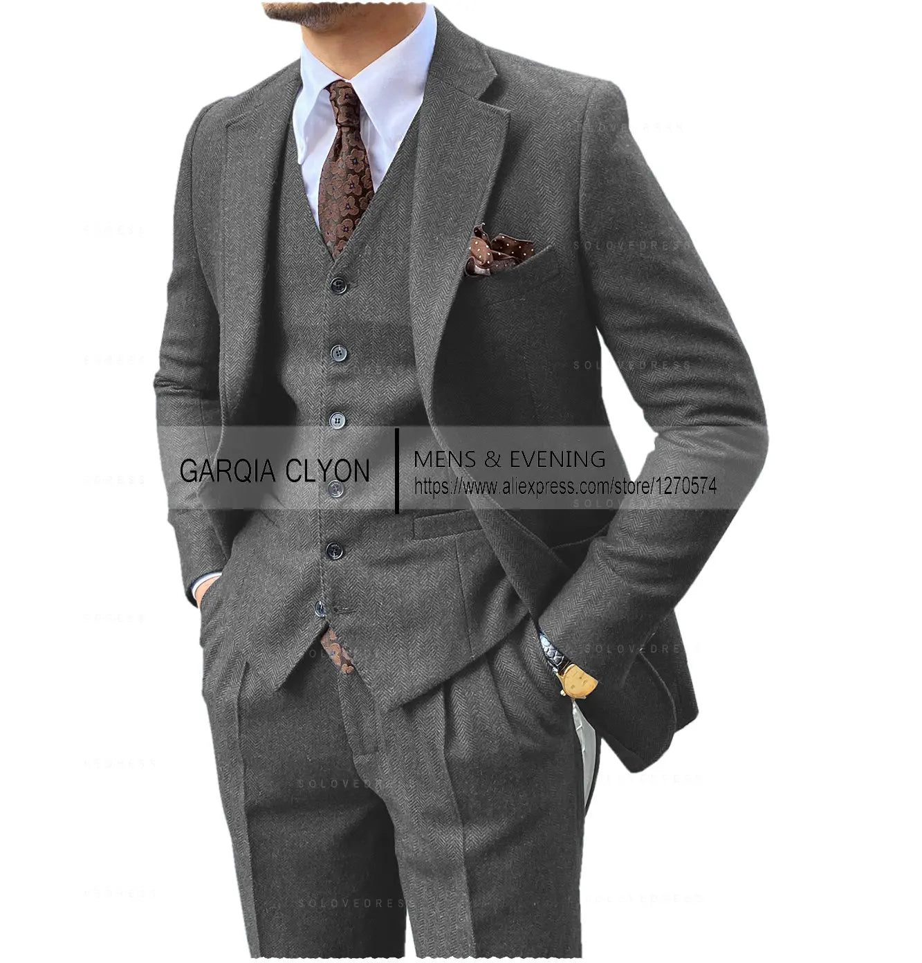 3-PIECE TWEED HERRINGBONE SUIT SET
