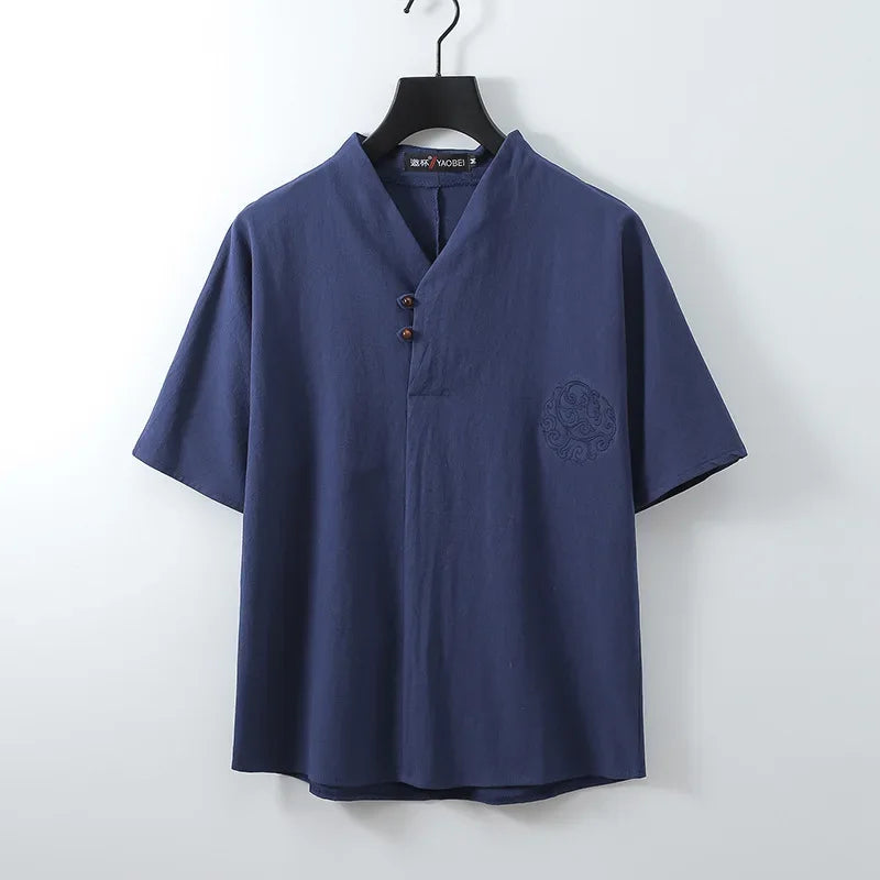 OVERSIZED LINEN COTTON V-NECK SHIRT
