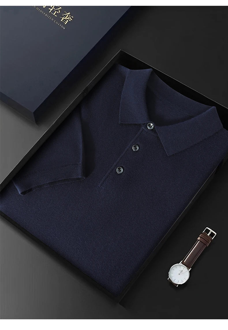 WOOL SILK KNITTED POLO PULLOVER