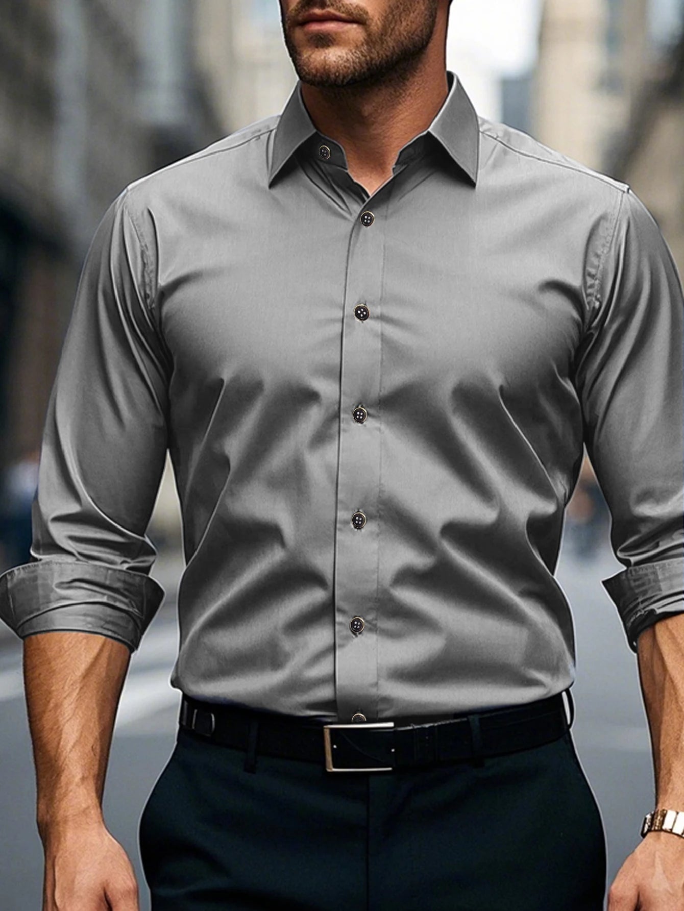 ELASTIC LONG-SLEEVE WHITE DRESS SHIRT