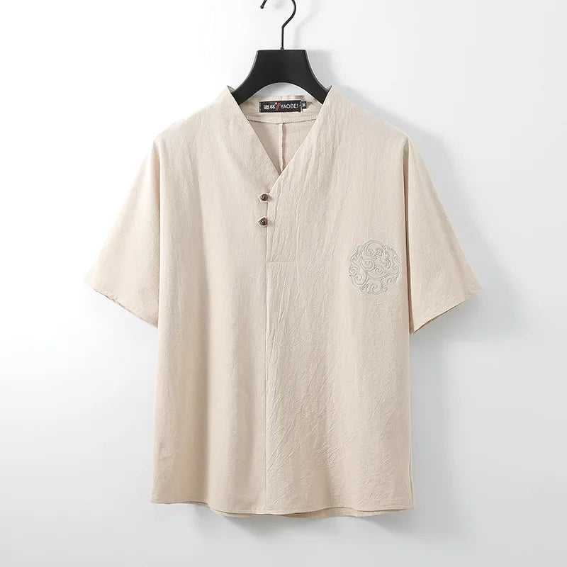 OVERSIZED LINEN COTTON V-NECK SHIRT